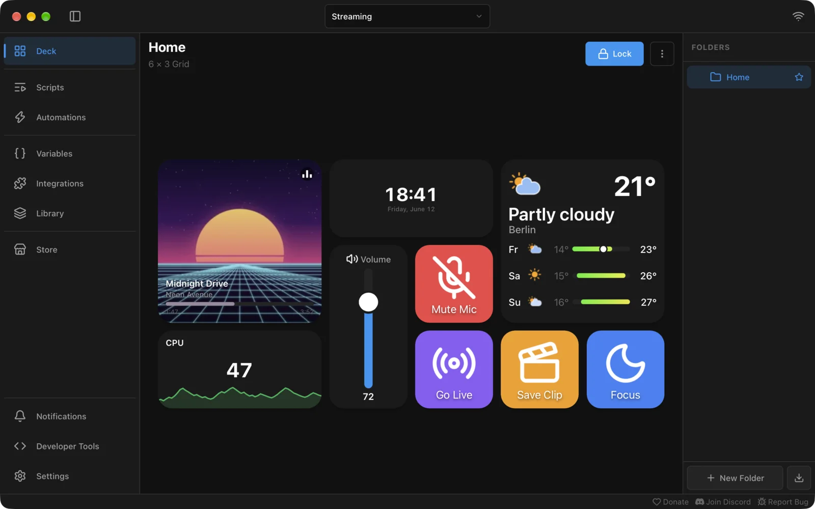 The Macro Deck 3 deck editor with buttons, a clock, a volume slider, the weather, a music player and a CPU usage graph