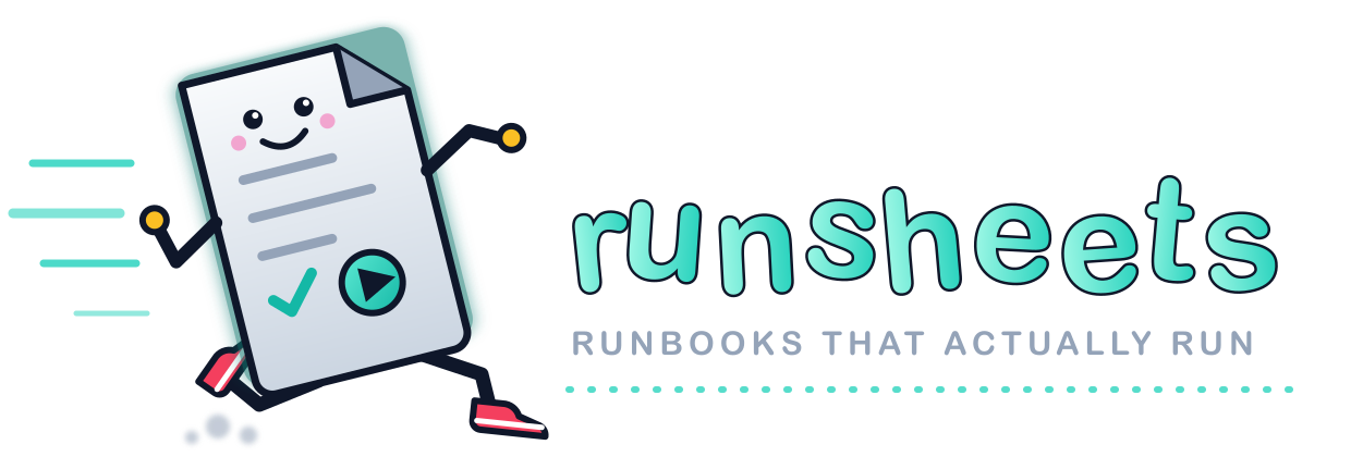runsheets logo: a smiling runsheet sprinting beside the runsheets wordmark