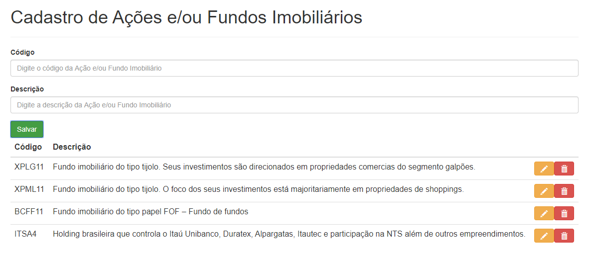 Figura 1 - Tela de Cadastro de Ações e/ou Fundos Imobiliários