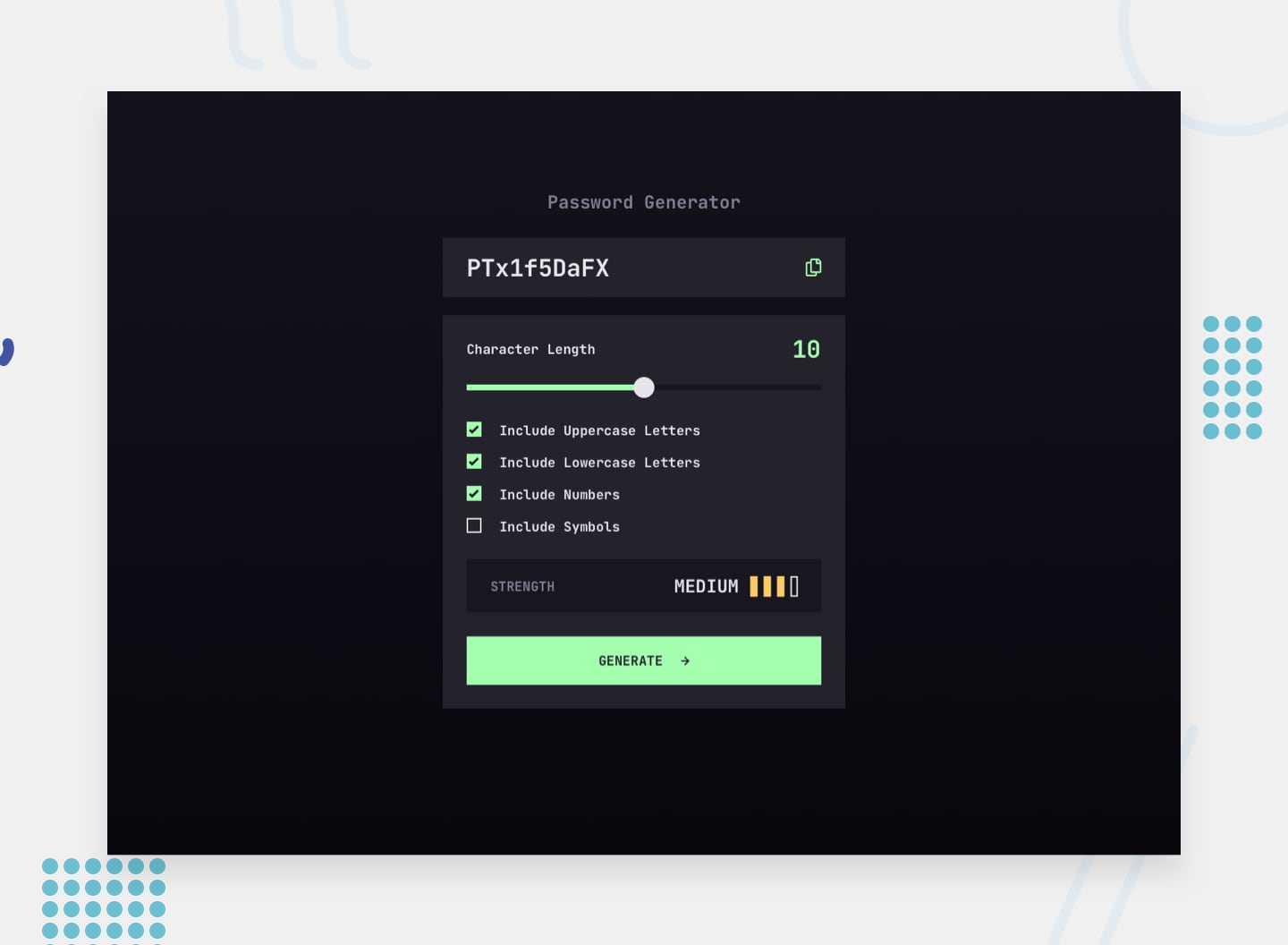 Design preview for the Random Password Generator component coding challenge