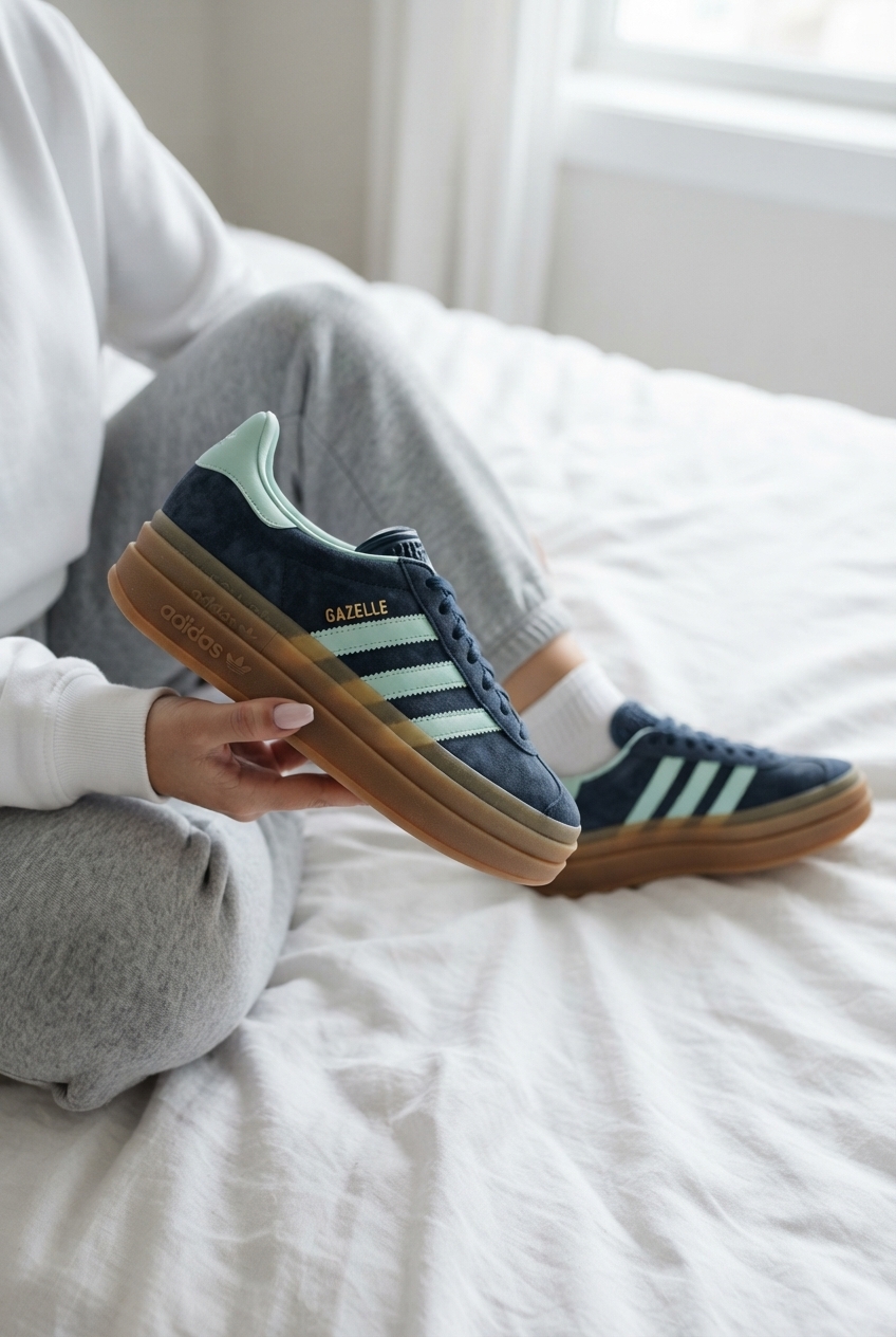 Retro platform Gazelle: navy suede with mint stripes