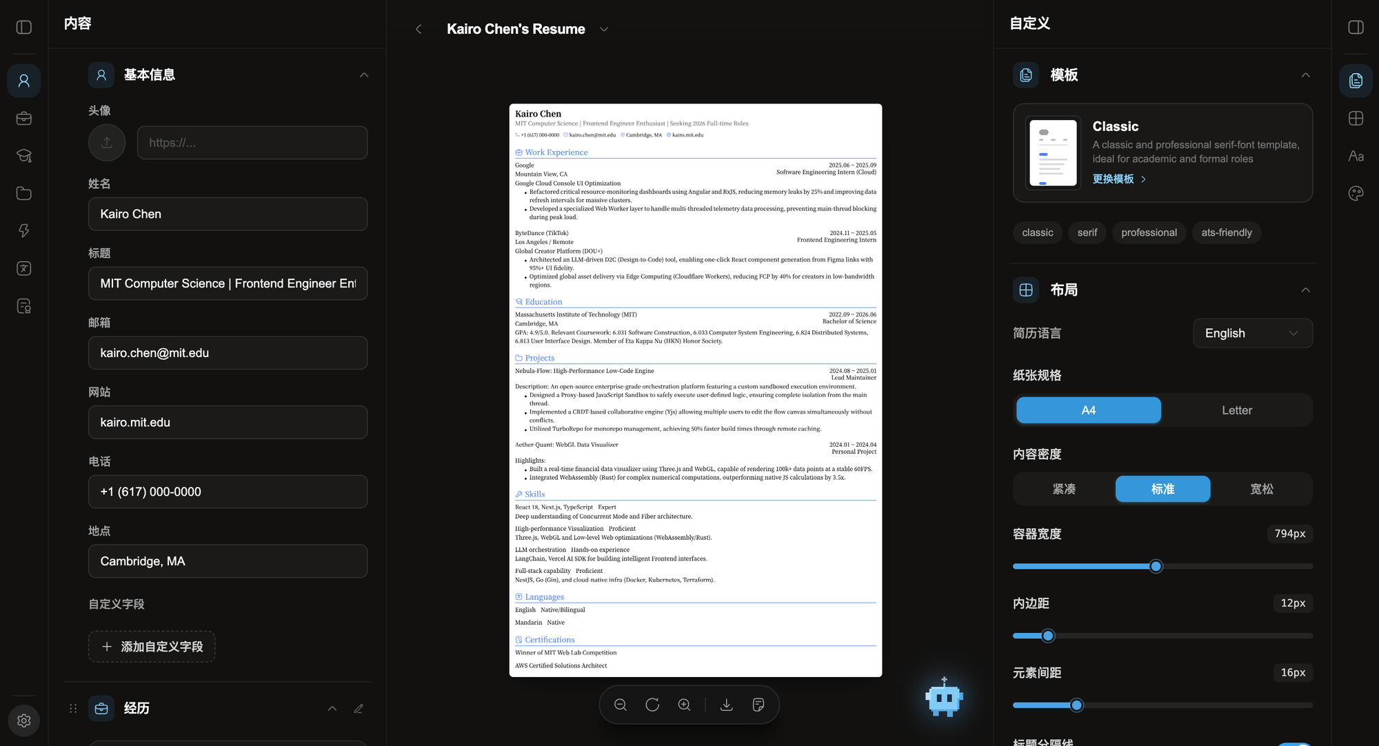 Resume editor with live print preview