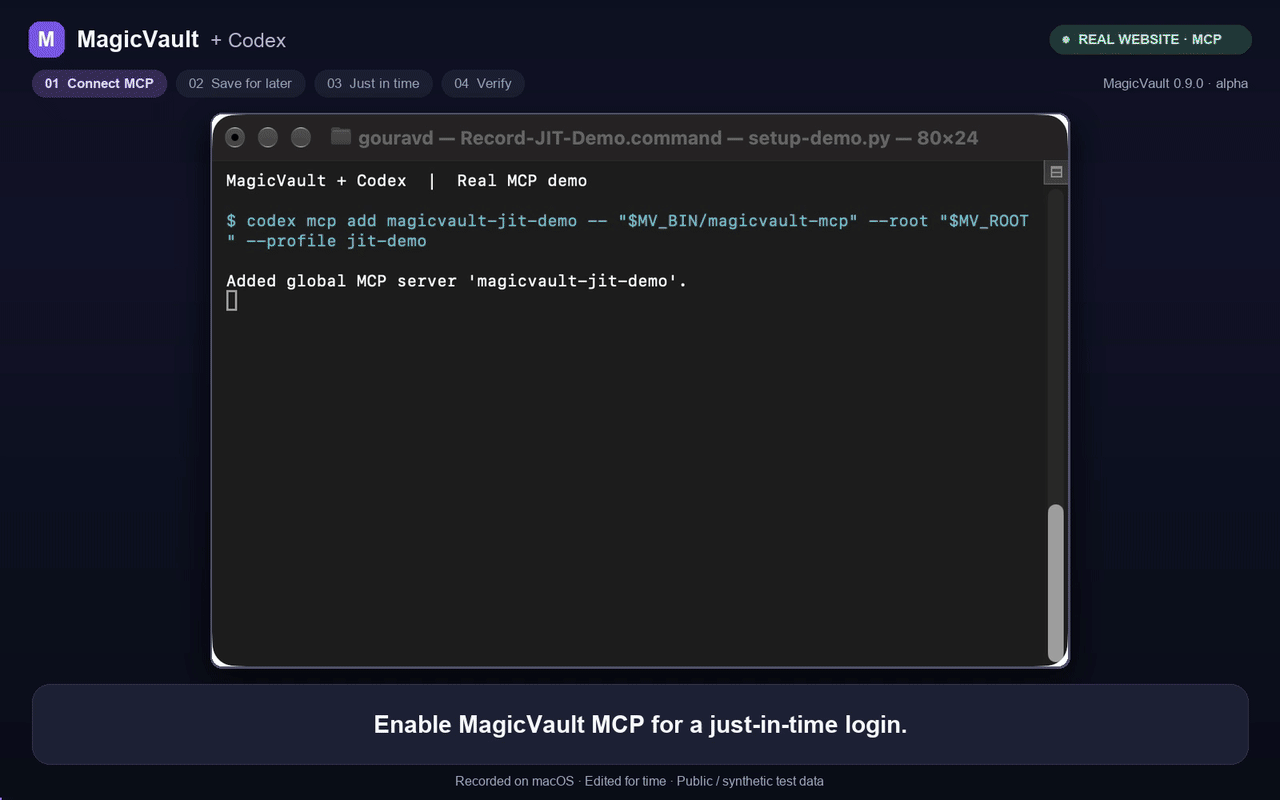 Real Codex MCP demo: optional vault storage, just-in-time private input, website login and transcript audit