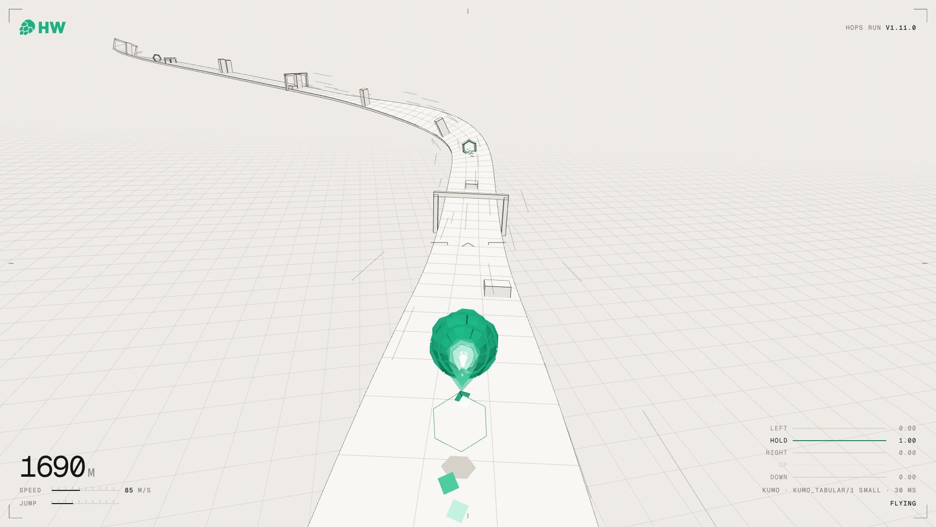 A pilot in Hops Run, 1690 m into a run