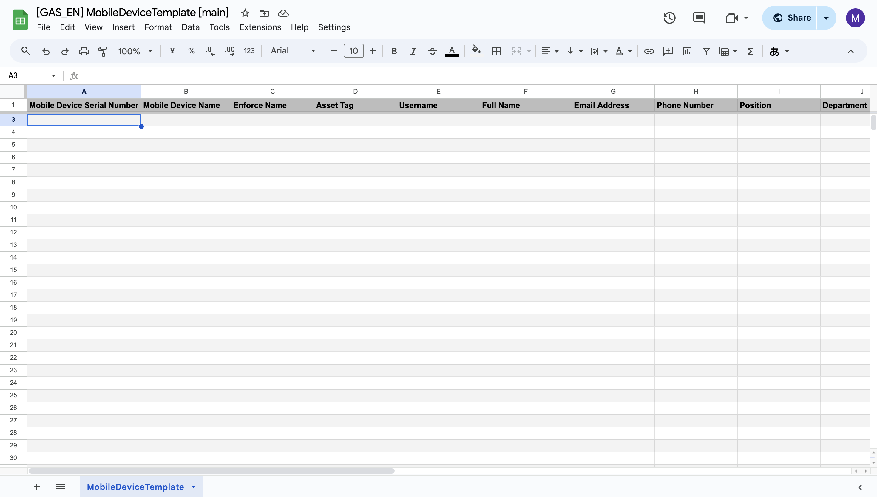 Main spreadsheet