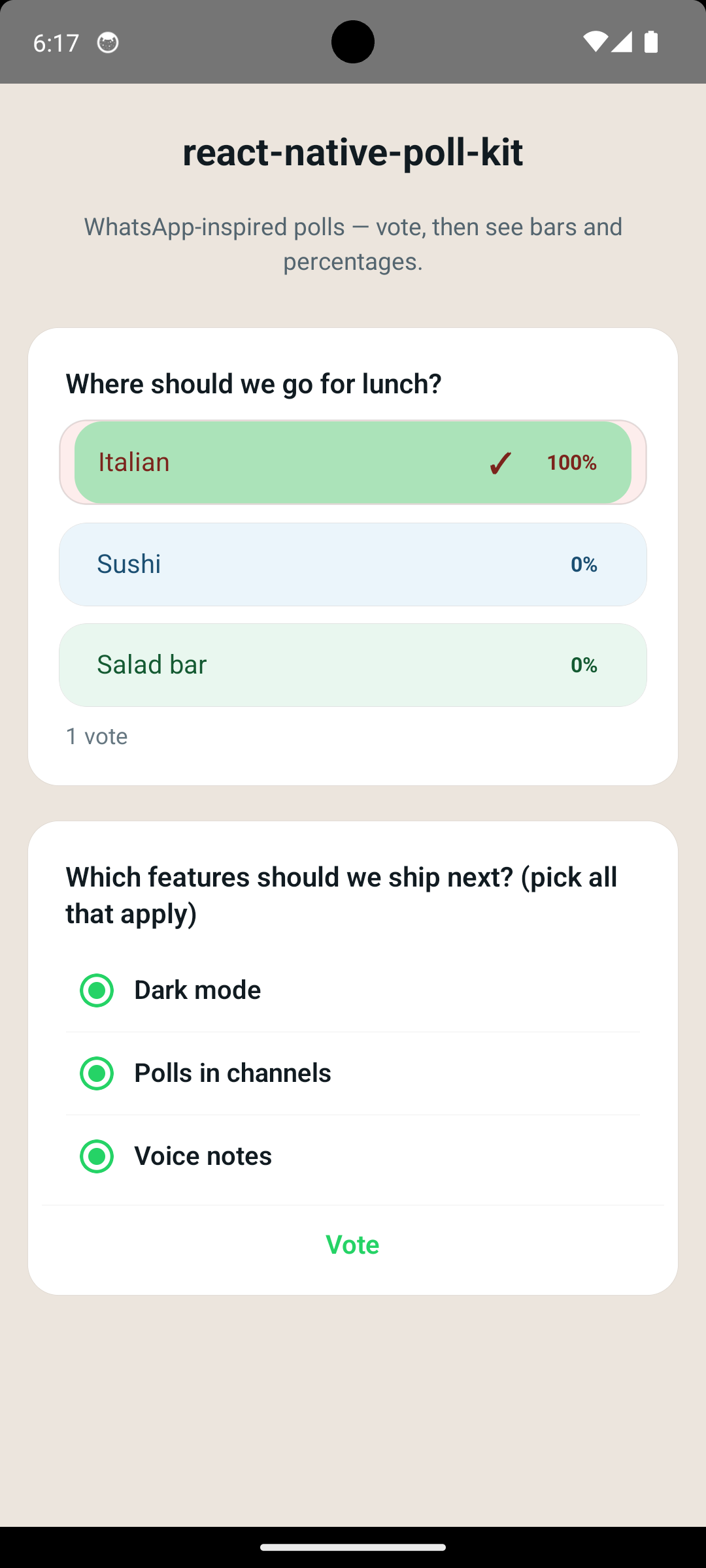react-native-poll-kit screenshot — colored options and WhatsApp-style bars