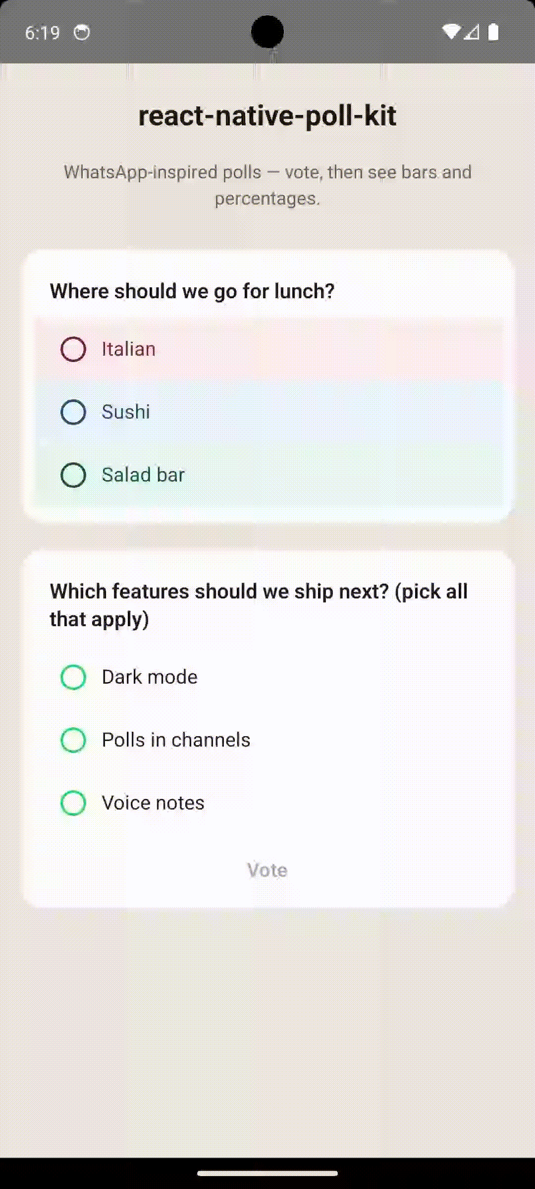 react-native-poll-kit demo — vote and results animation