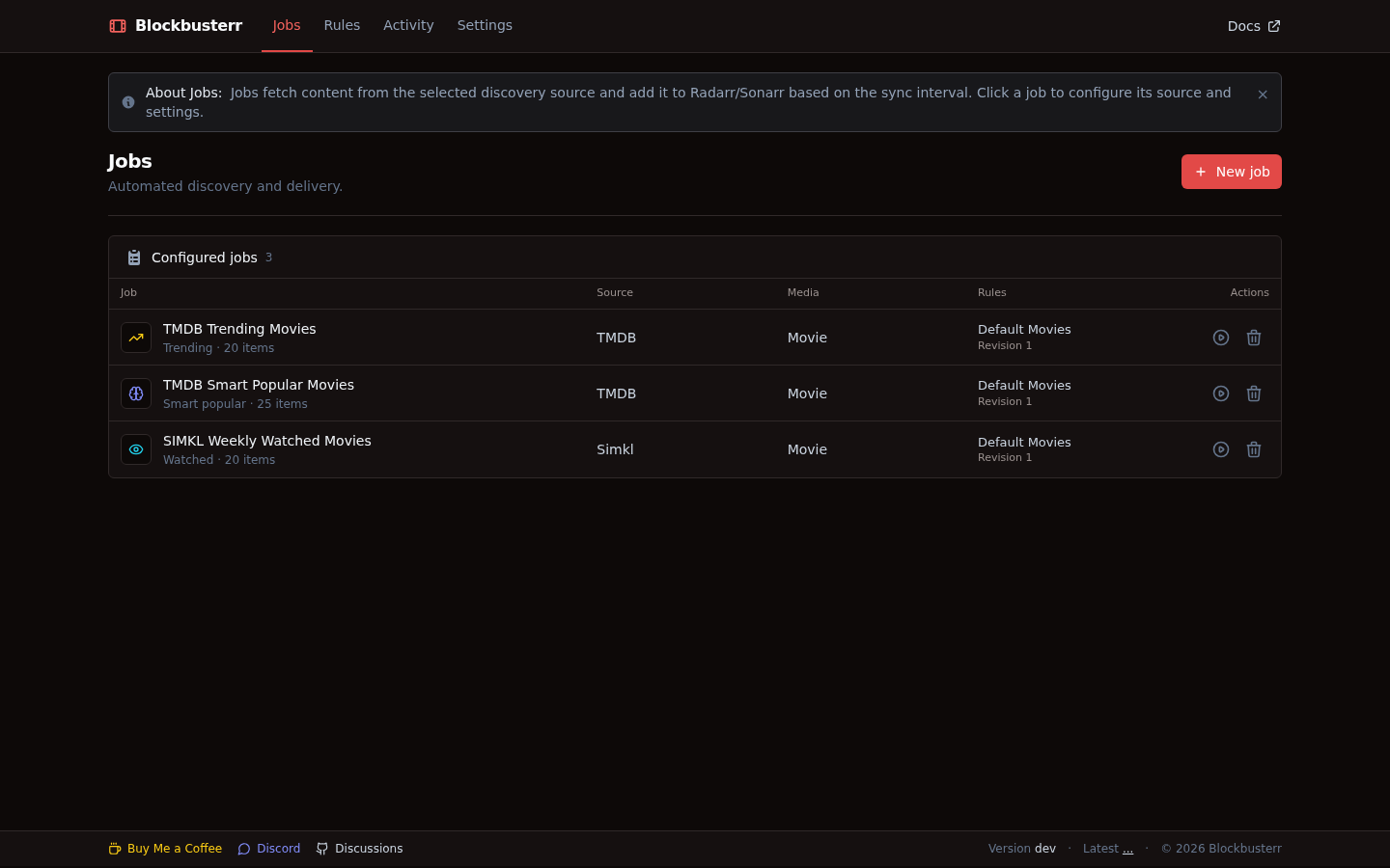Configured Blockbusterr discovery jobs