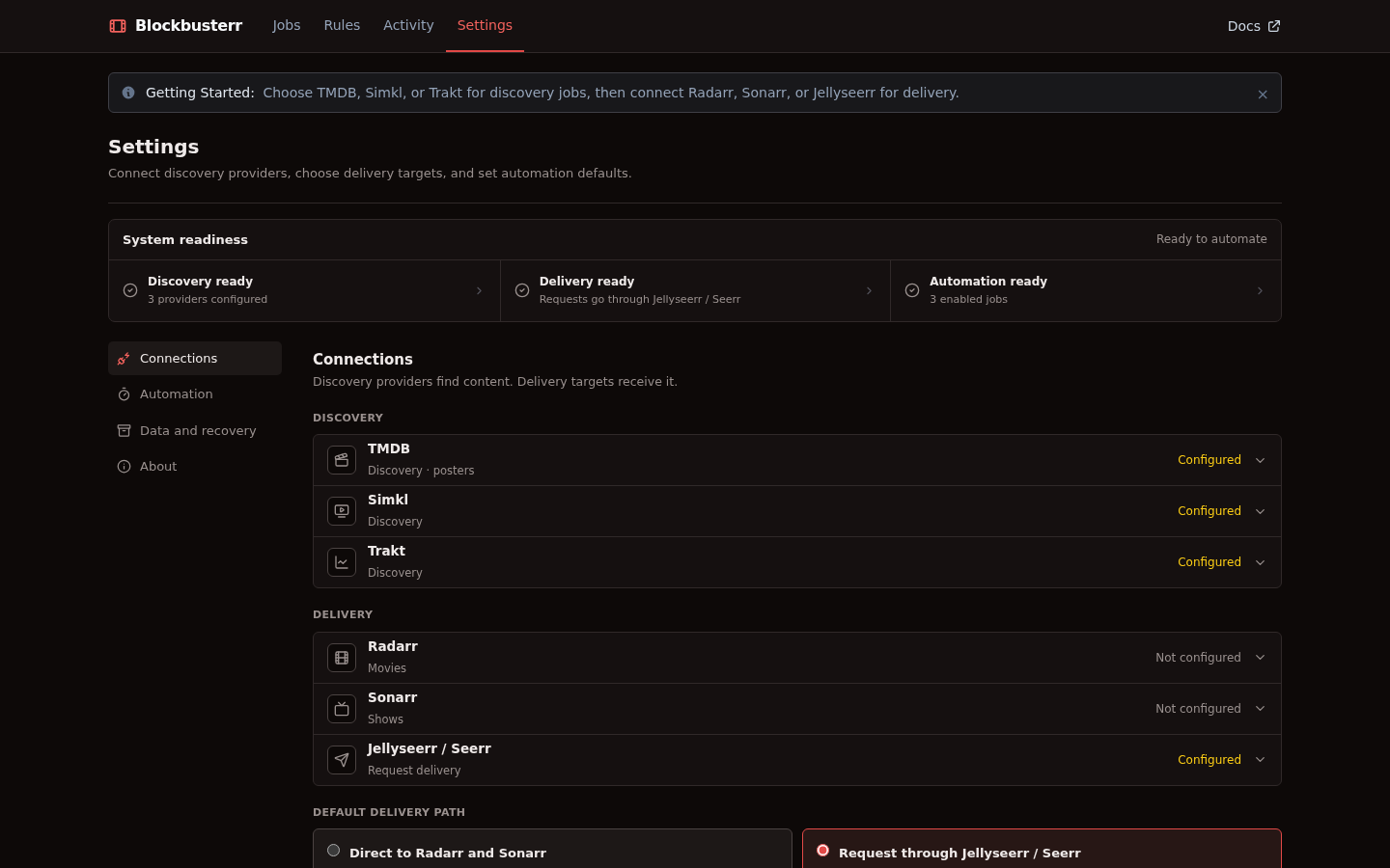Blockbusterr connection settings and system readiness