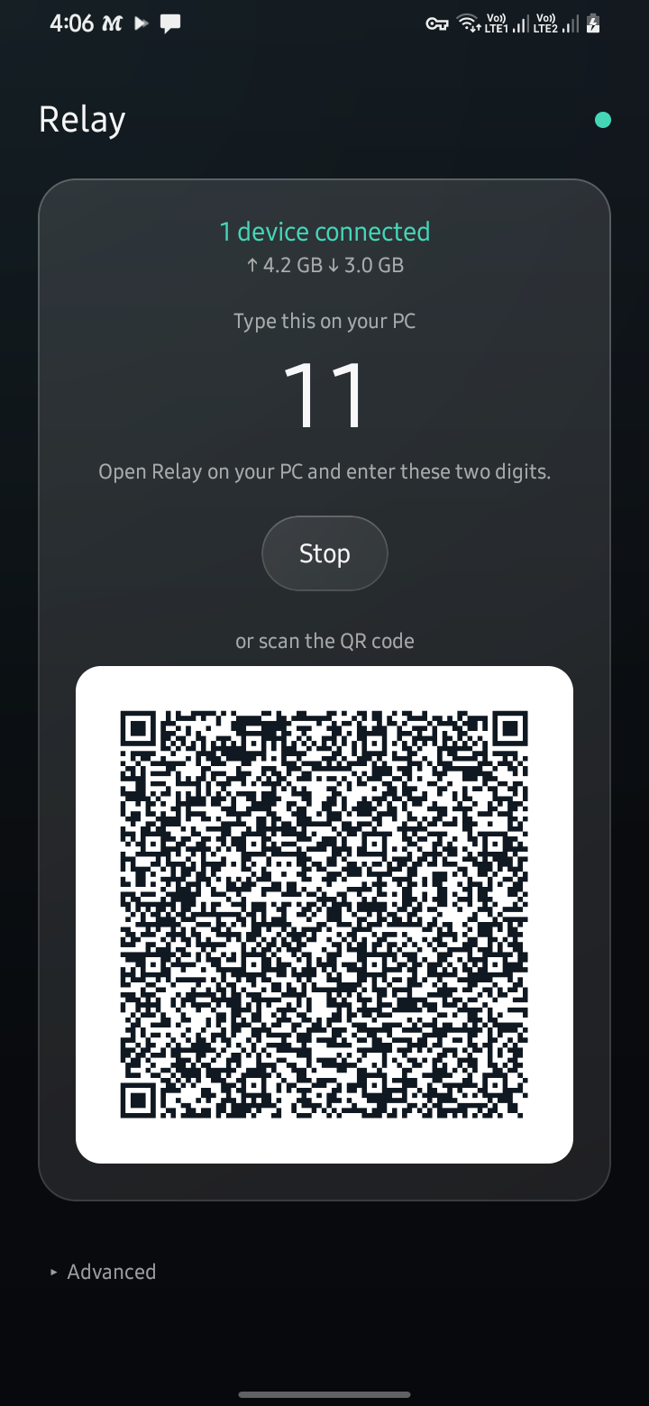 Relay on Android: one device connected, 4.2 GB up and 3.0 GB down, the two-digit pairing code, and a QR code