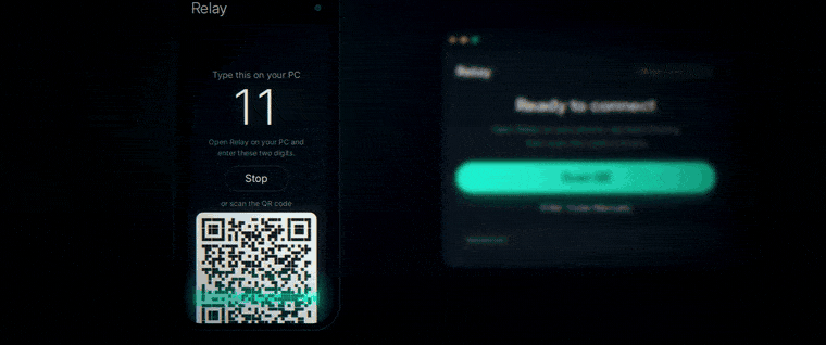 Relay pairing and coming online: the phone shows a two-digit code and a QR, the PC moves from Ready to connect to You're online, a 3.4 GB download runs through the tunnel, and the phone switches from Wi-Fi to LTE mid-transfer without the download stopping