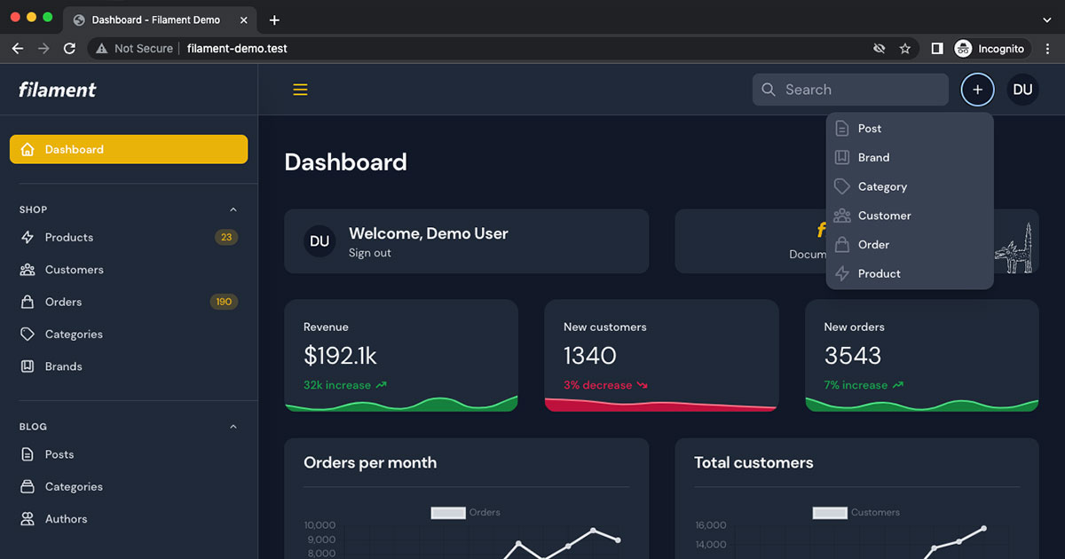 Screen shot of Filament quick create in use in dark mode