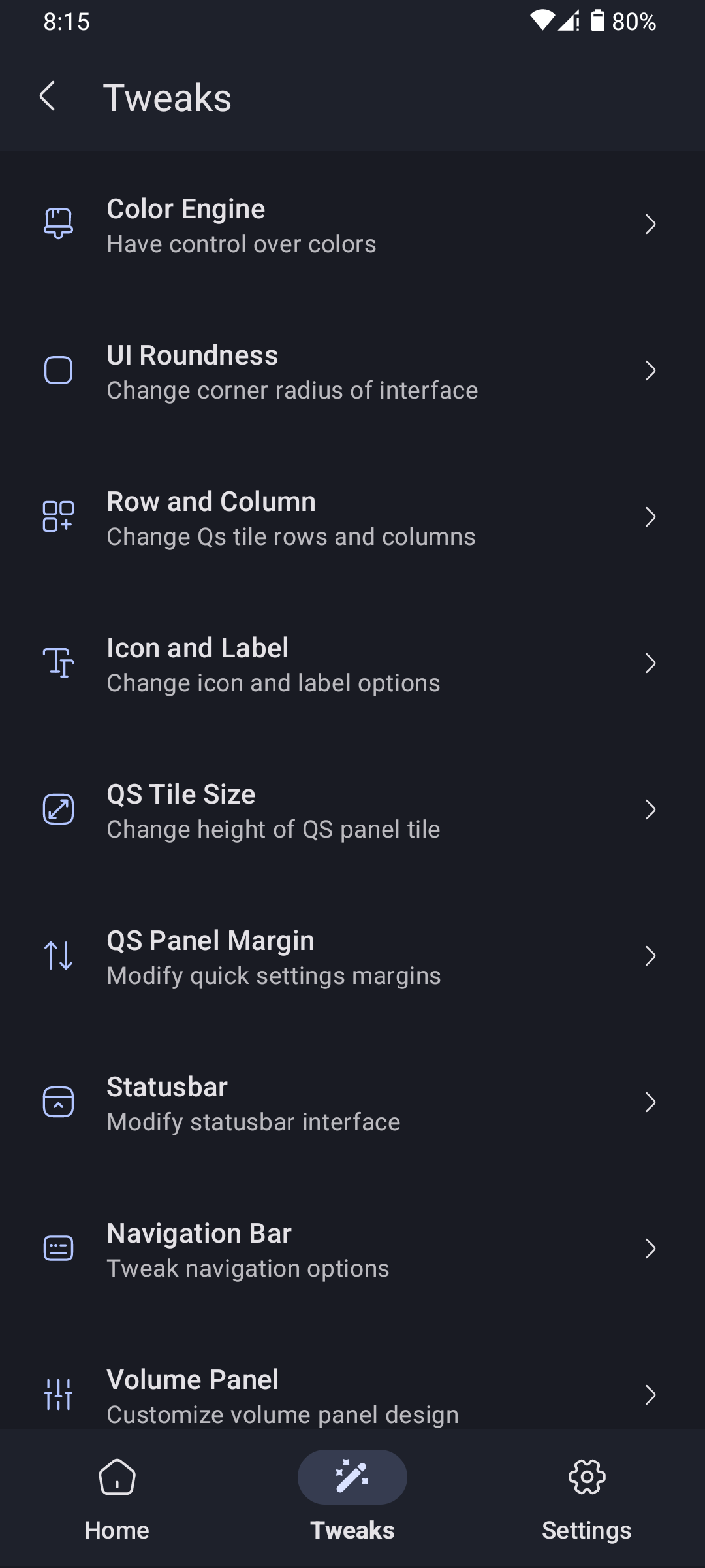 Tweaks screen