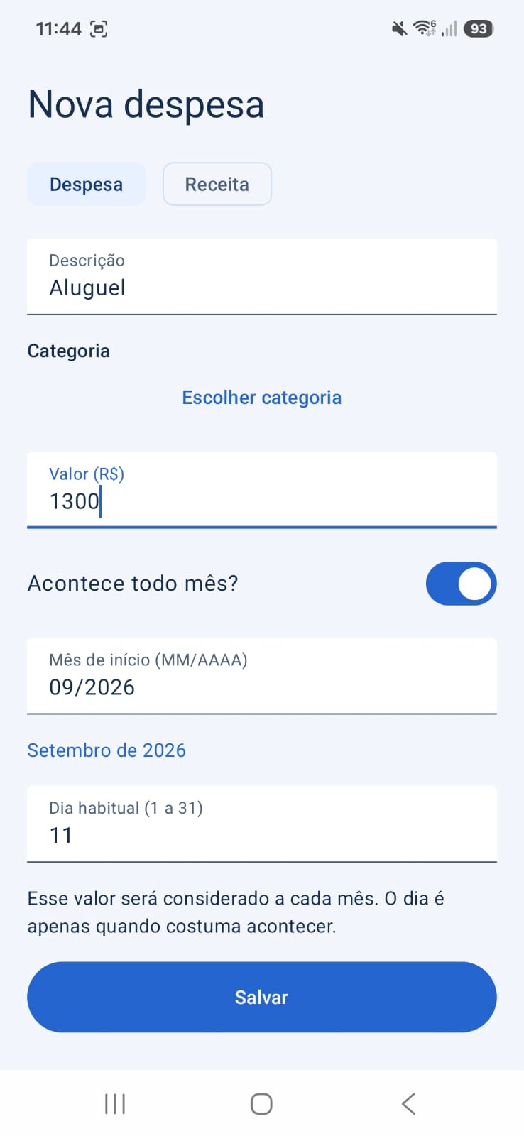 Formulário de cadastro de uma despesa recorrente mensal