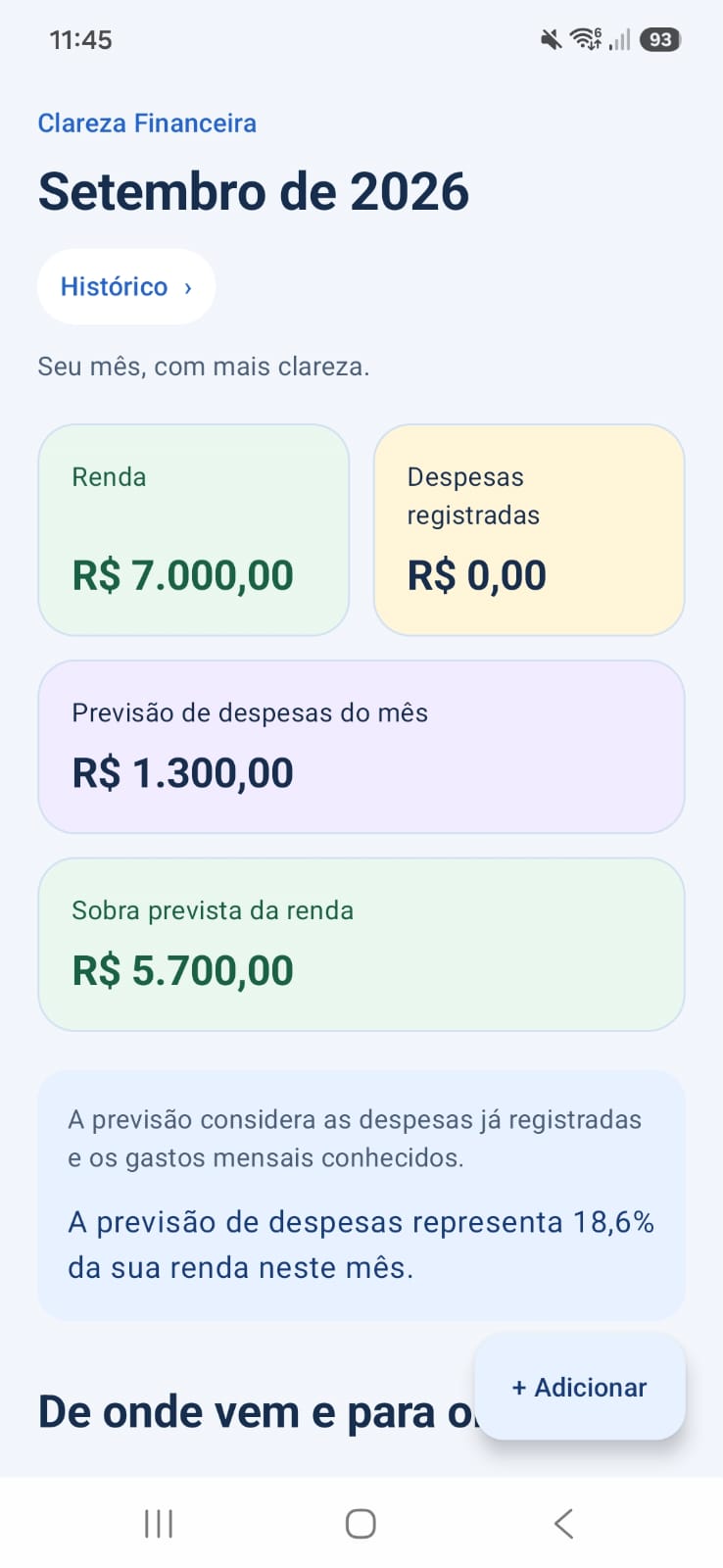 Dashboard do Clareza Financeira com o resumo financeiro mensal
