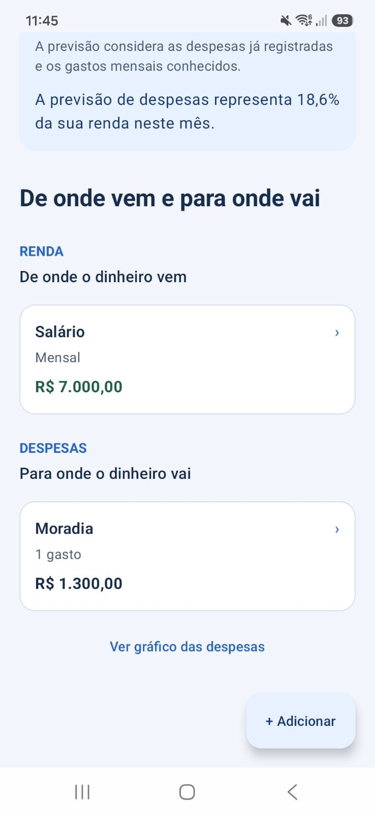 Fontes de renda e categorias de despesas no Dashboard