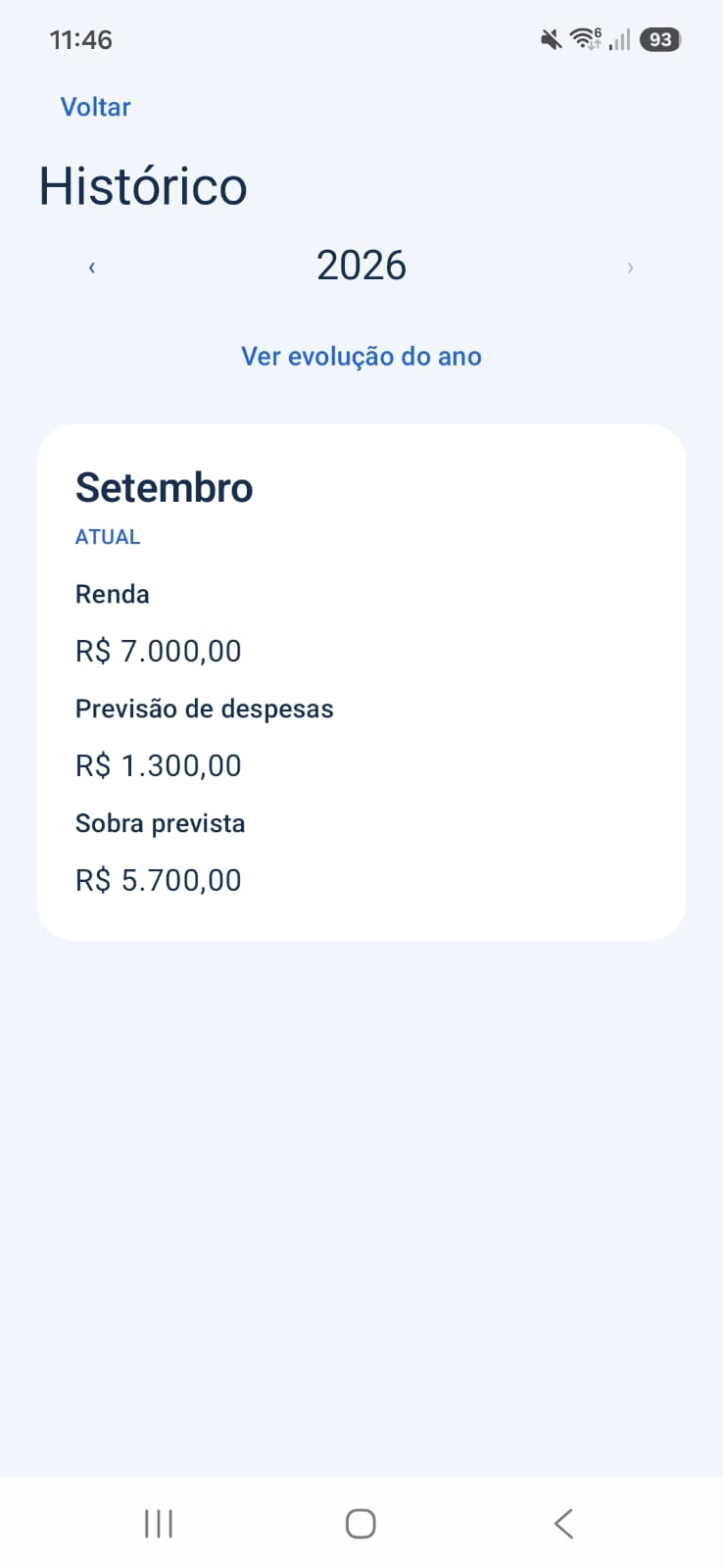 Histórico financeiro com seleção de ano e resumos mensais