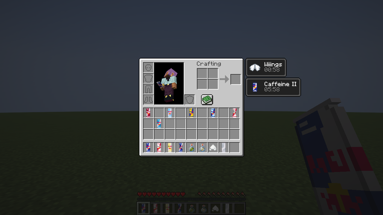 The inventory with the Caffeine II and Wiiings effects