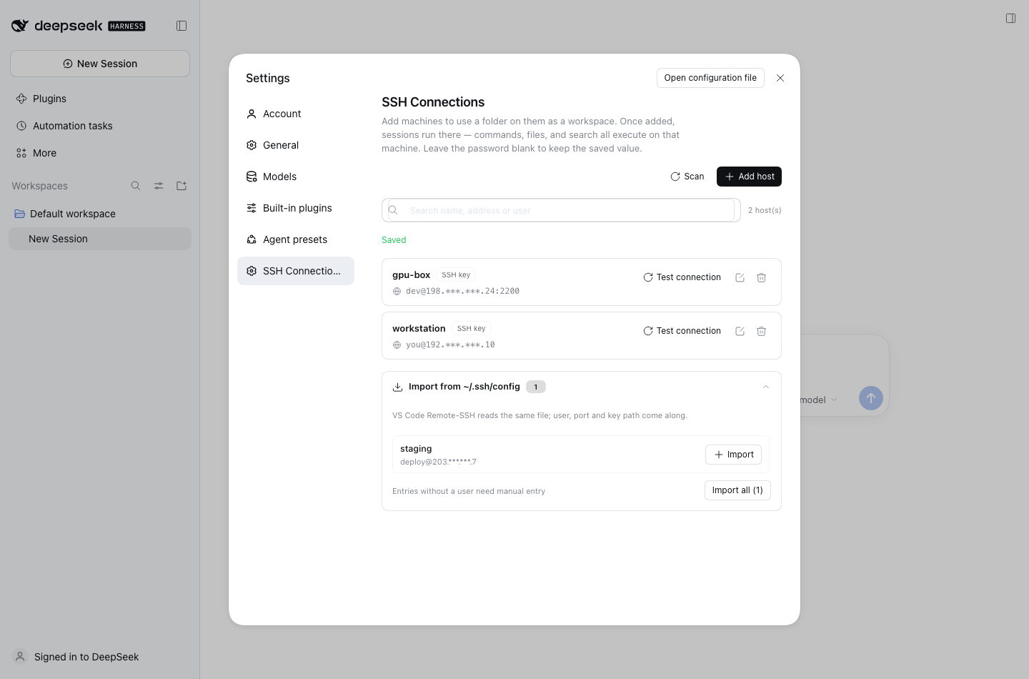 SSH settings page