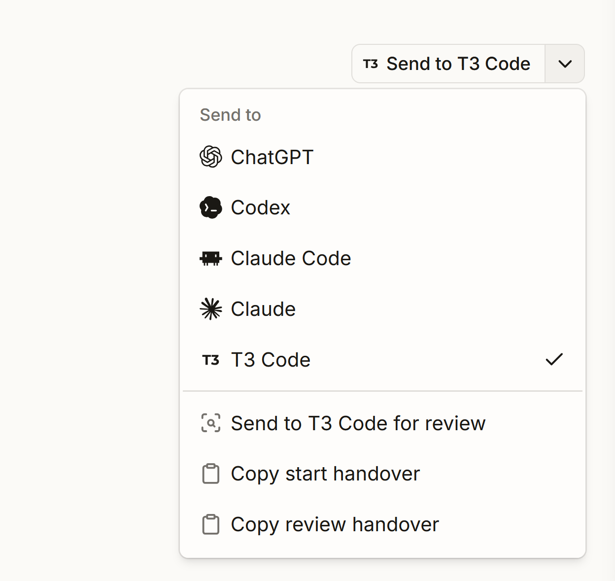 Delano Send to T3 Code handover menu