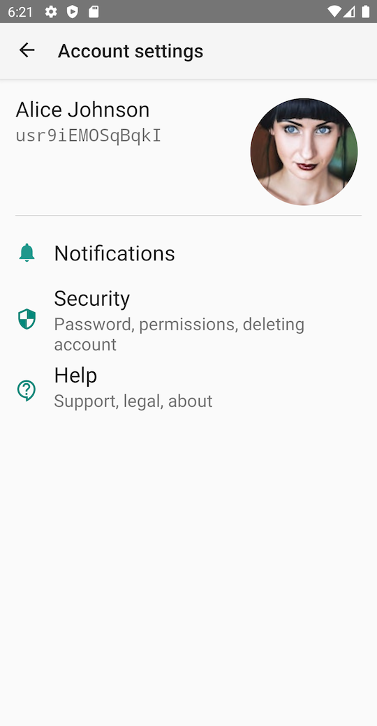 App screenshot - account info