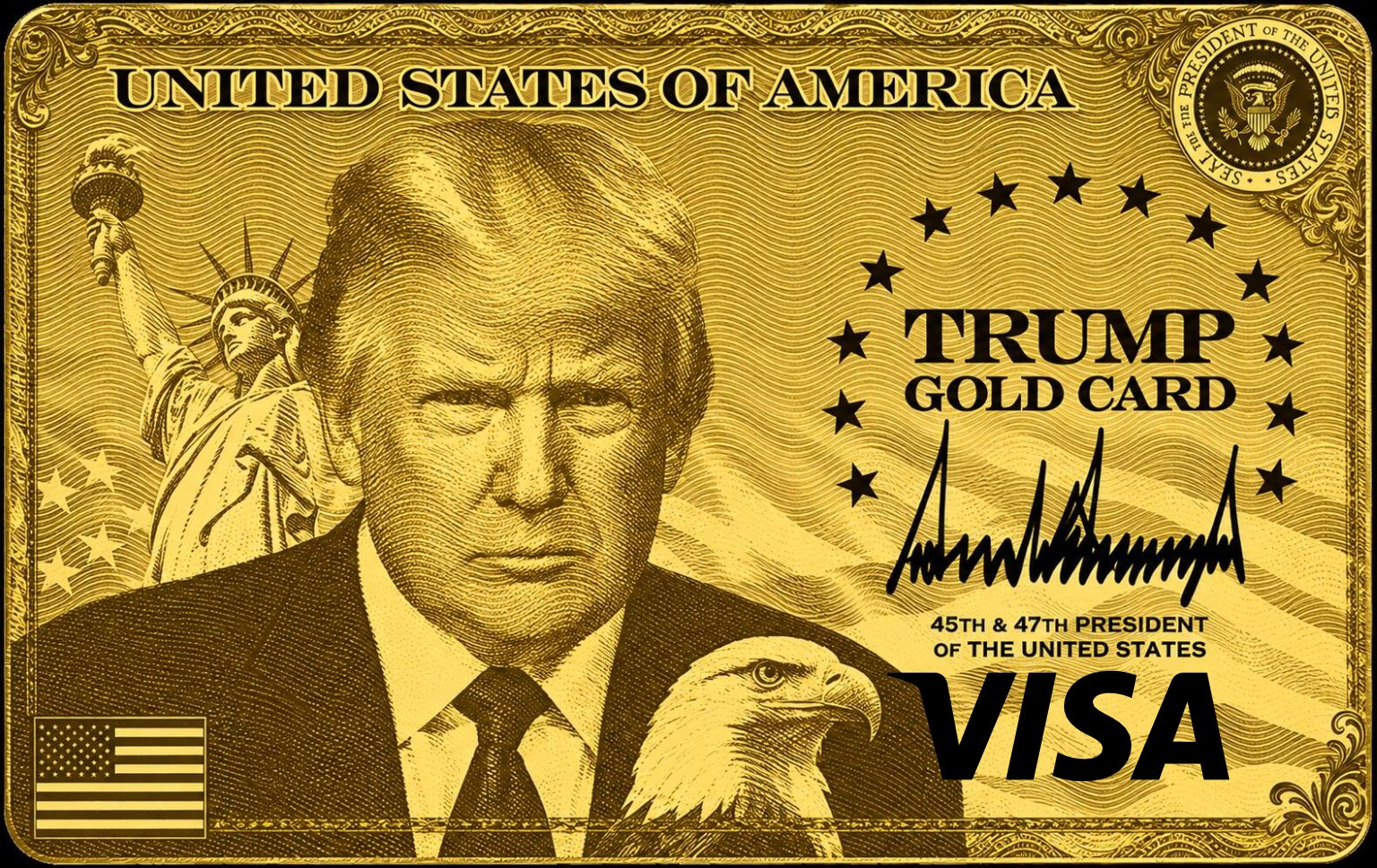 Gold Trump Gold Card artwork with a Trump portrait, Statue of Liberty, eagle, and VISA lettering