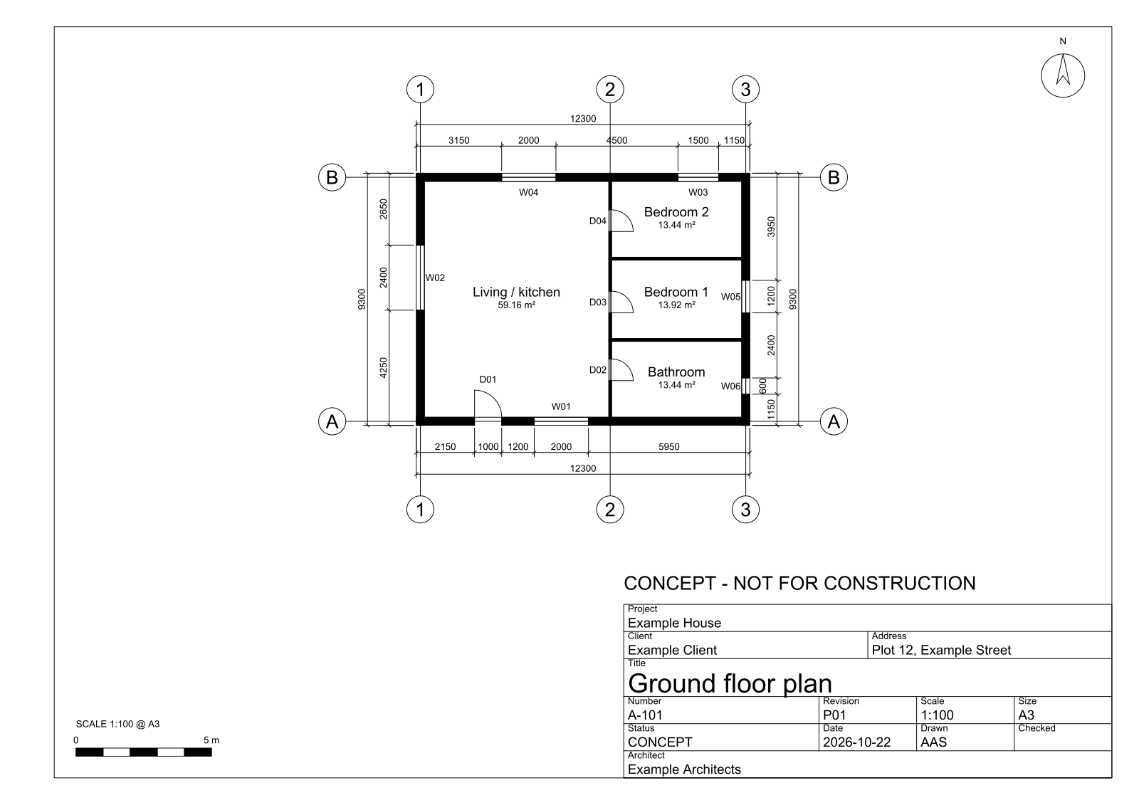 Example sheet A-101: ground floor plan at 1:100 on A3, built and checked from the example spec