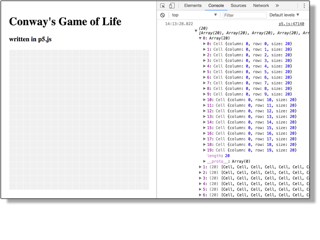 screenshot of array of arrays of cells in console