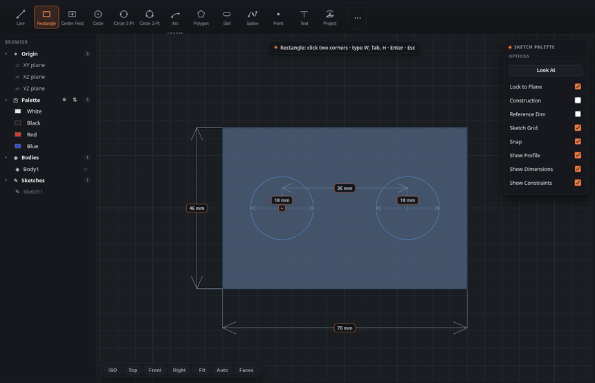 The SindriCAD sketcher: a dimensioned rectangle and two constrained circles, with the entity toolbar and sketch palette