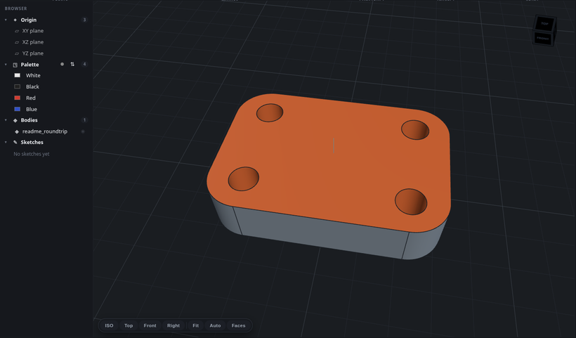A STEP file imported back into SindriCAD, with its top face and four bores selected