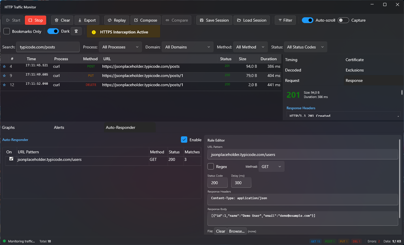 Auto-Responder tab with a mock rule for a sample API