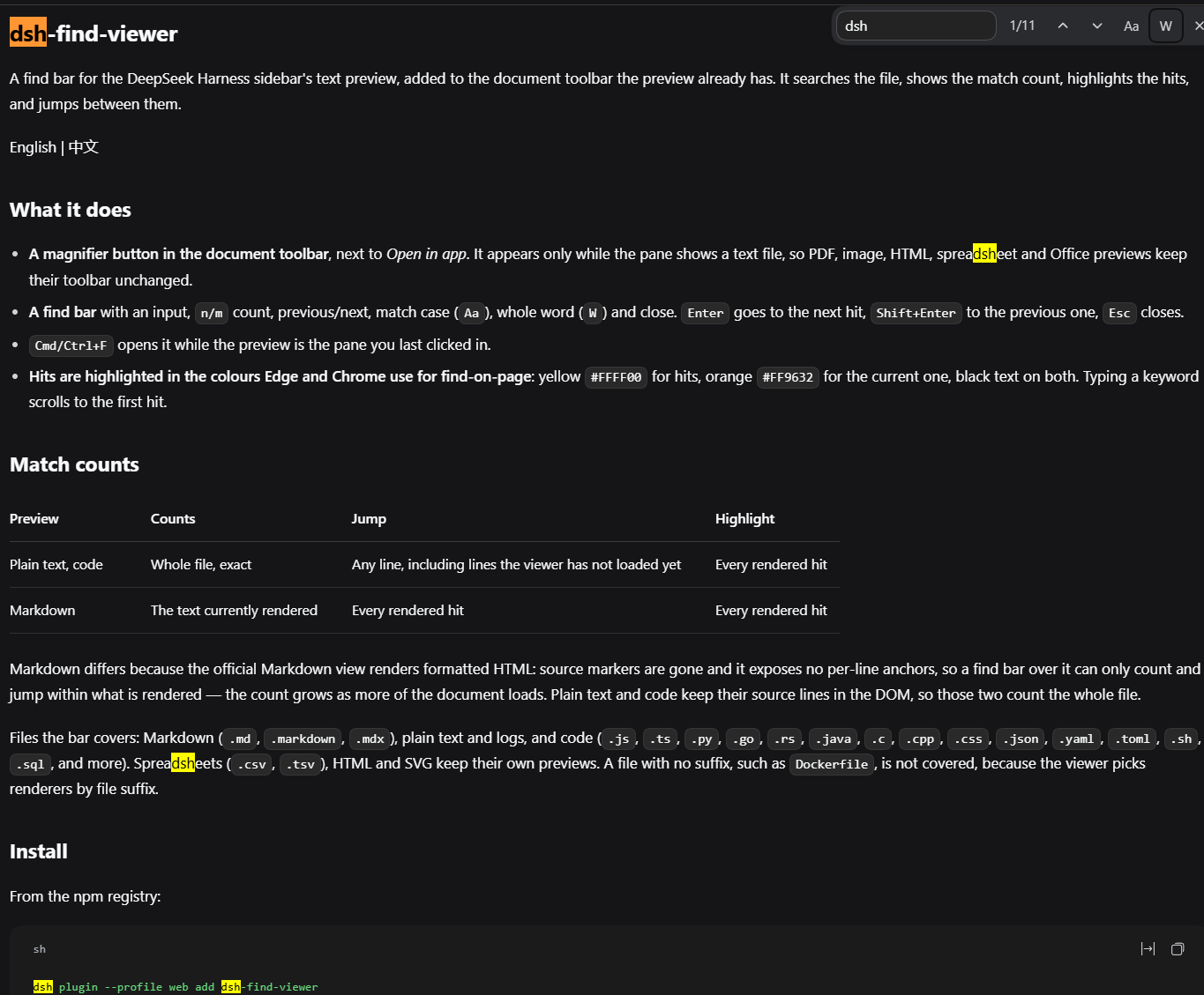 The find bar over a Markdown preview, with the current hit in orange