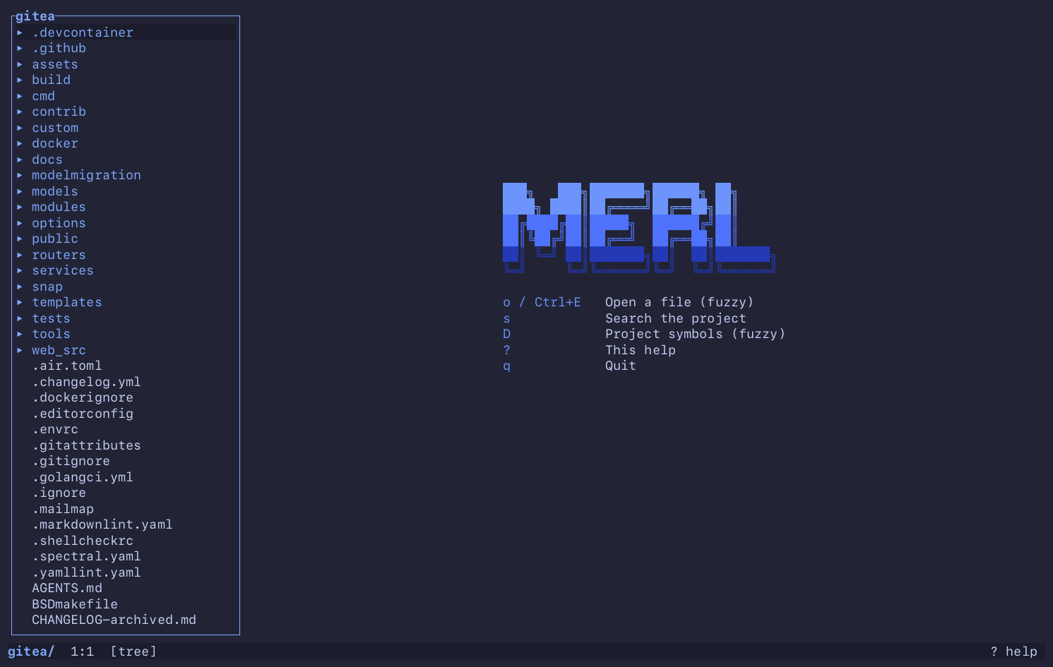merl on a checkout of gitea: open a file by a few letters of its name, find in the file, go to definition with the status line saying how it was proven, back, usages with the declarations first and the test last, then project search with the hits following the typing