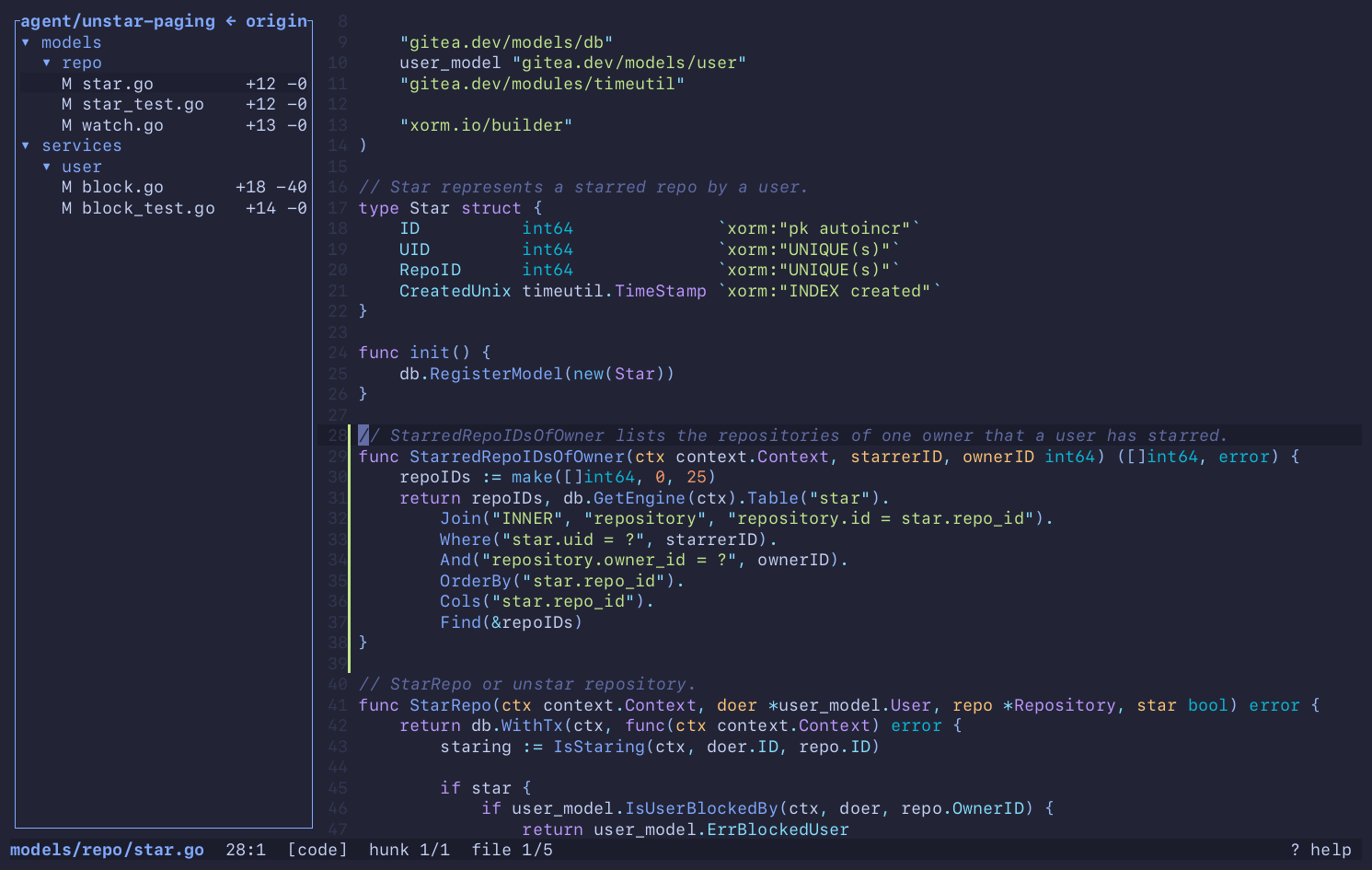 merl --review on an agent's branch: c walks the hunks and on into the file where a function was rewritten, the deleted lines standing in grey above the new ones; Alt+Right hops word by word onto the new call, d goes into the helper the branch added and d again into the engine it queries, [ [ comes back to the hunk, and c walks the rest of the branch, down to the test the agent wrote