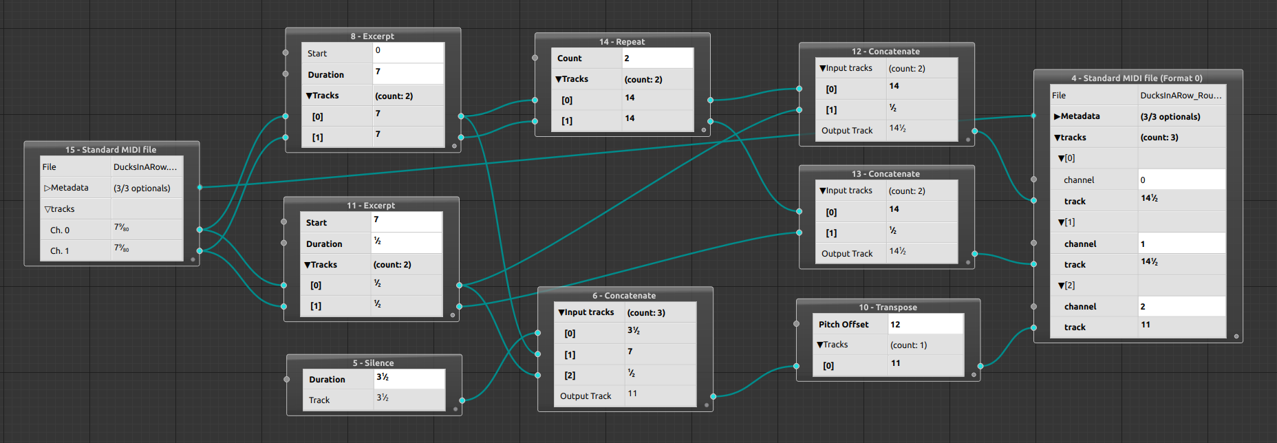 Screenshot showing several nodes wired together