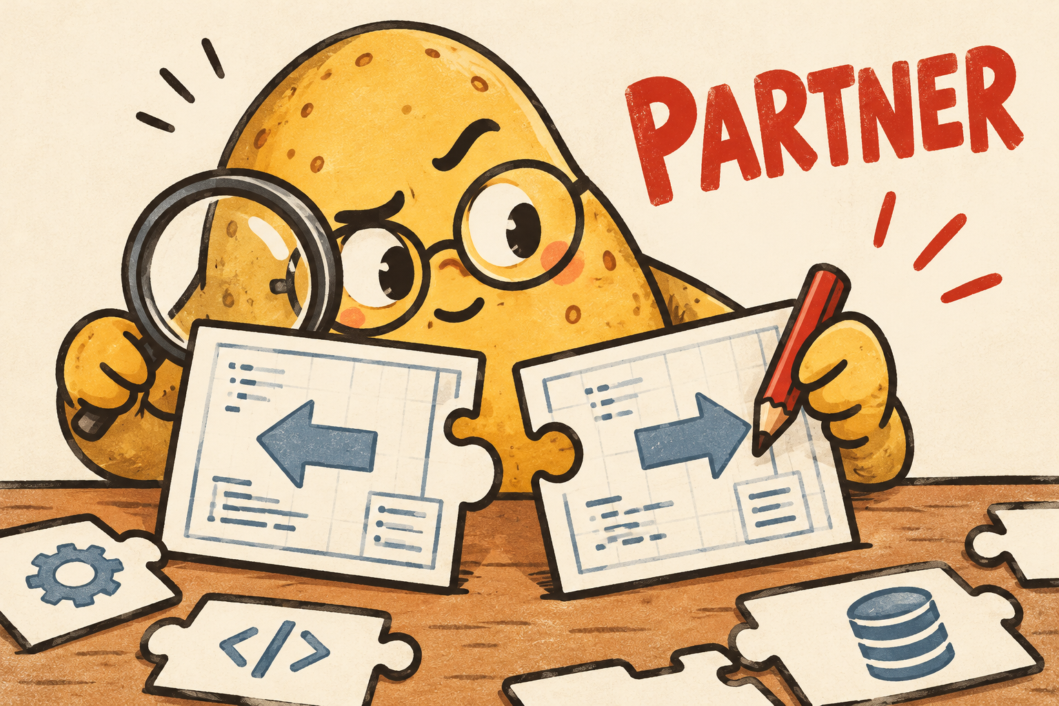 A detective potato examines contradictory blueprints