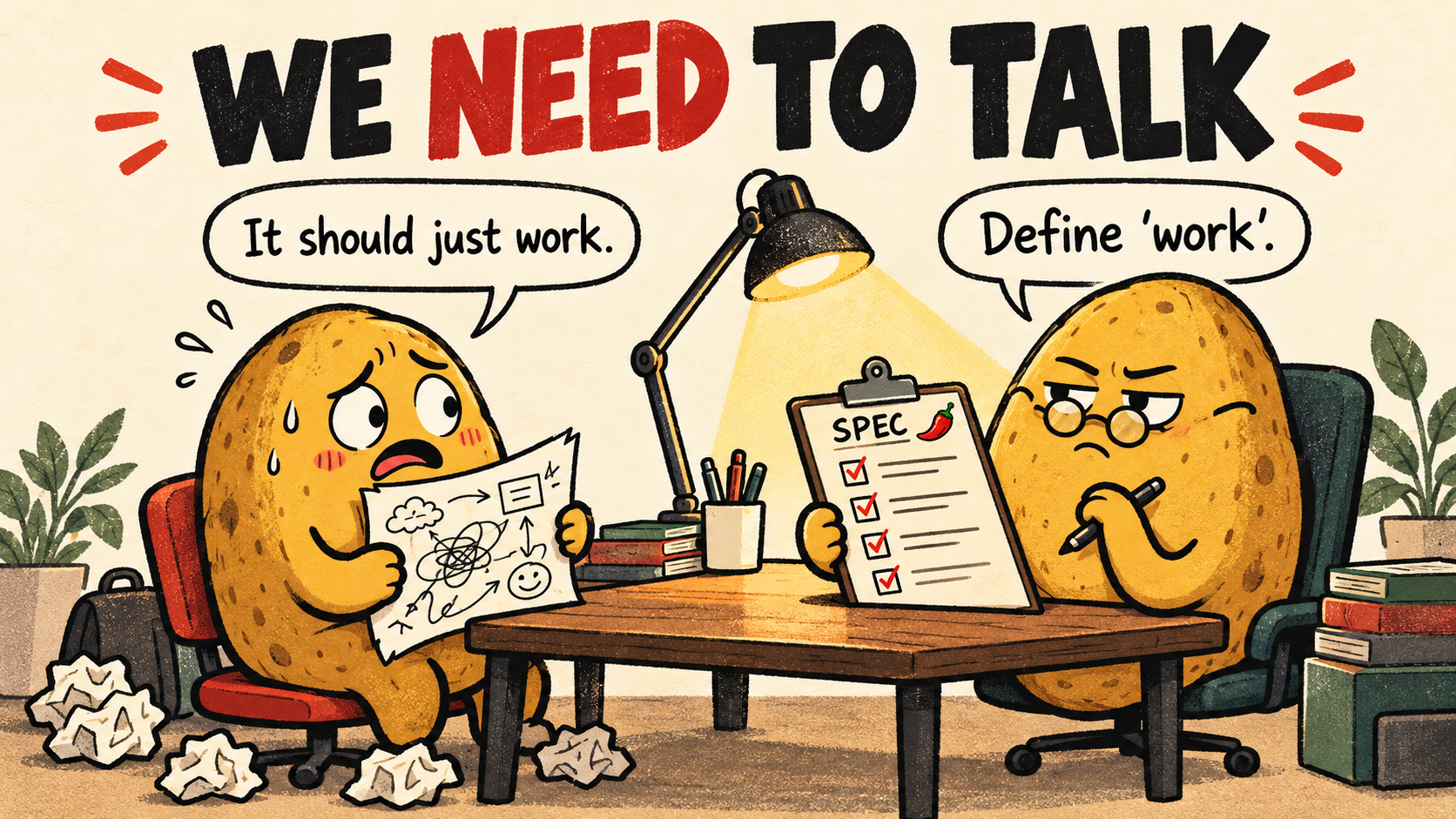 A nervous potato builder says “It should just work.” A potato interviewer replies “Define 'work'.”