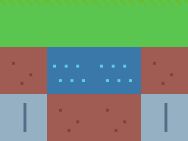 Tilemap scene with grass, dirt, water, and stone