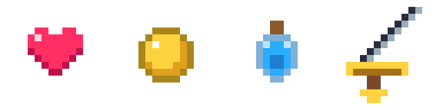 Pixel-art item sheet with heart, coin, potion, and sword icons
