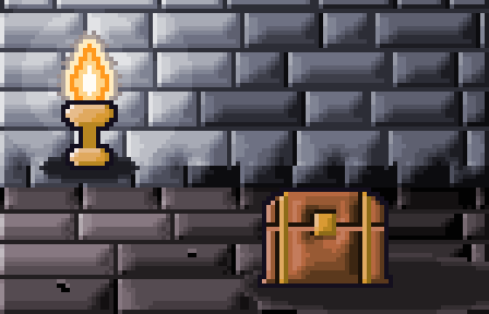 A torch-lit dungeon wall with a bound chest on the flagstones, the flame flickering and its light falling off across the room