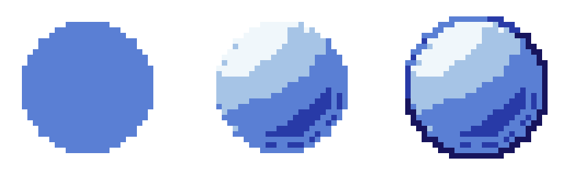 One disc shown flat, then shaded by light direction, then outlined and dithered