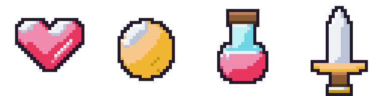 A heart, a coin, a potion and a sword, each shaded on its own ramp