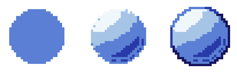 A sphere in four stages: flat fill, form shading on a ramp, contact shadow, and a specular highlight