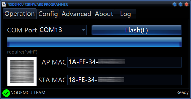 Screenshot: NodeMCU Flasher - Operation tab