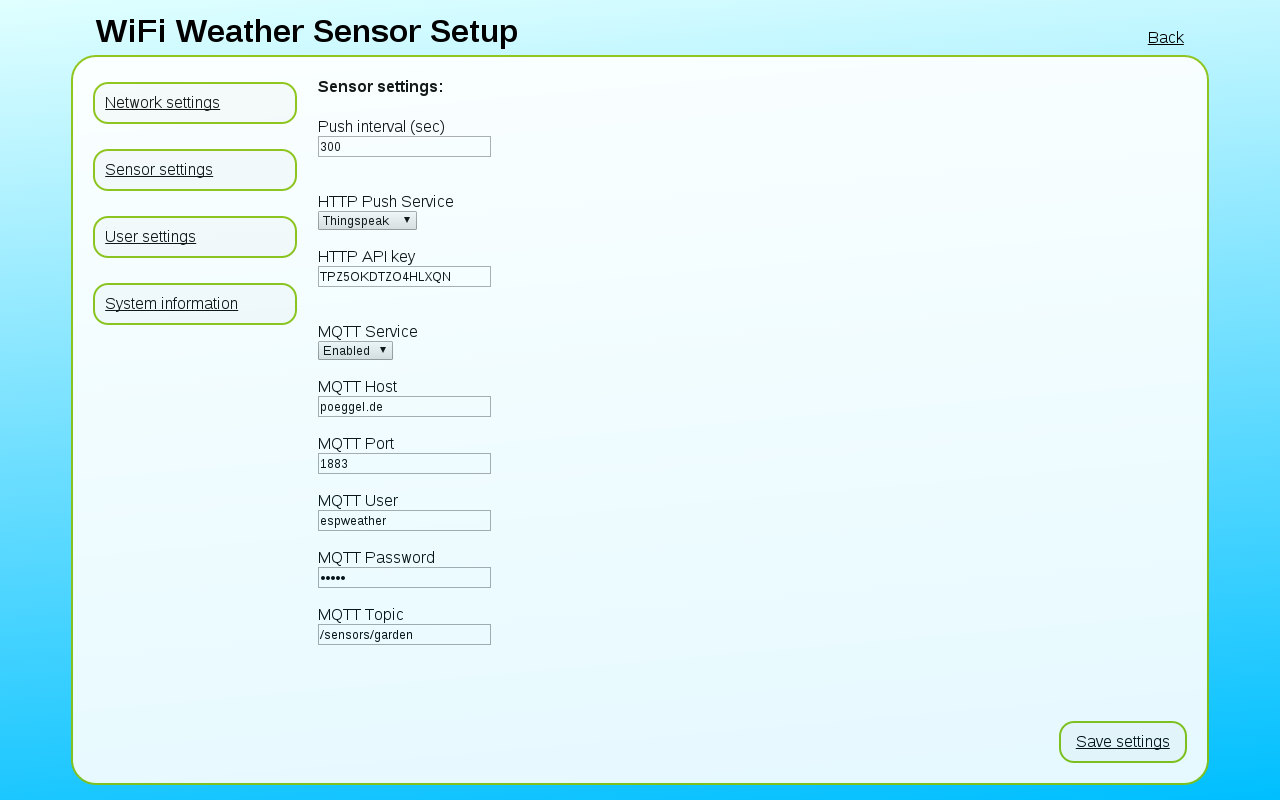 Screenshot: Webinterface - Sensor settings