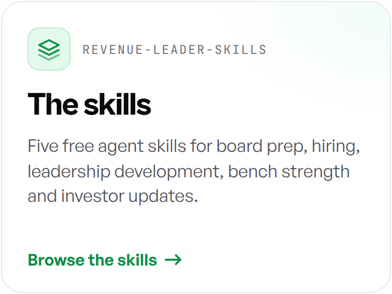 The skills: five free agent skills for board prep, hiring, leadership development, bench strength and investor updates. Browse the skills.
