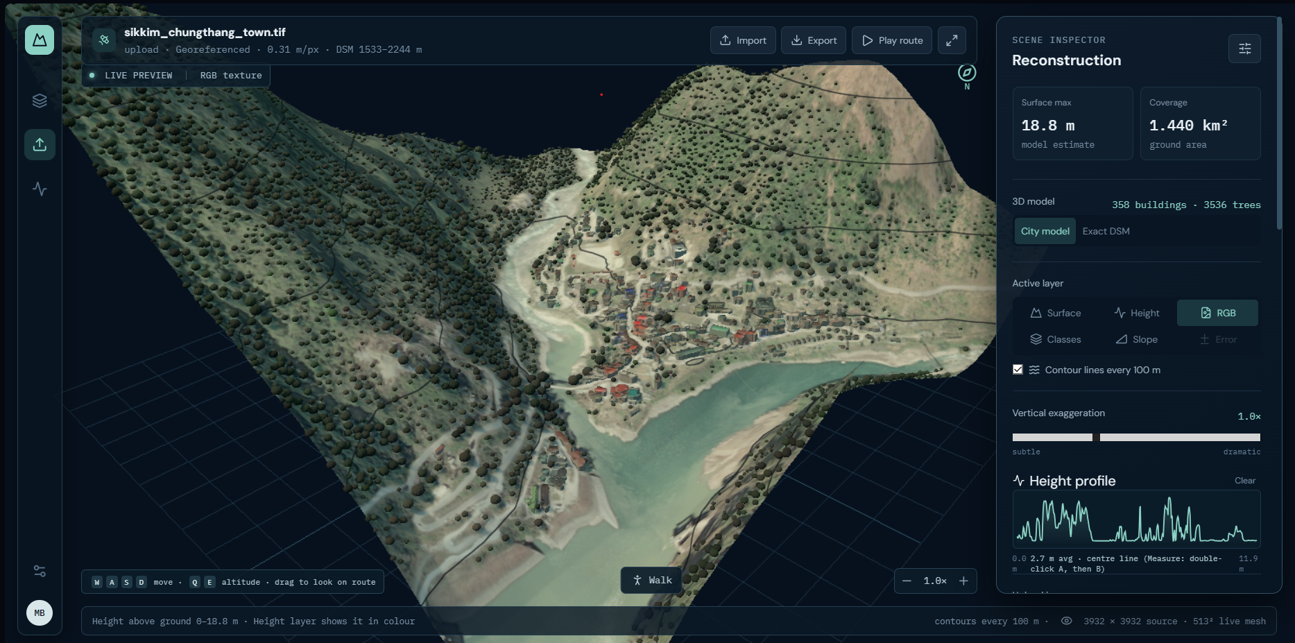 Photo-textured Chungthang GeoTIFF reconstruction, with buildings, trees and mountain relief