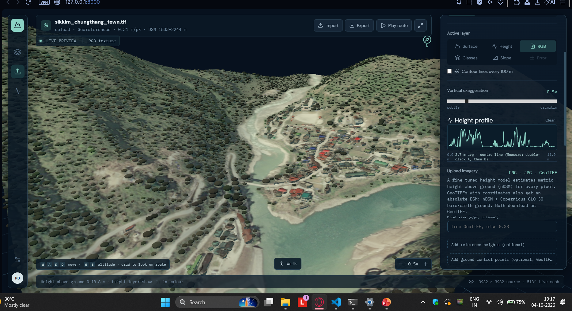 Chungthang city-model close-up with buildings, tree crowns and height profile