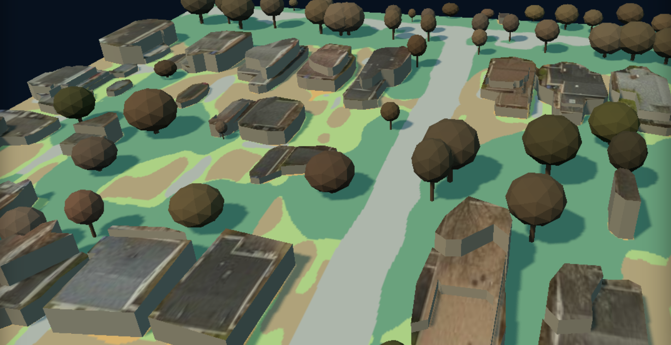 City-model class overlay with textured roof blocks and tree crowns