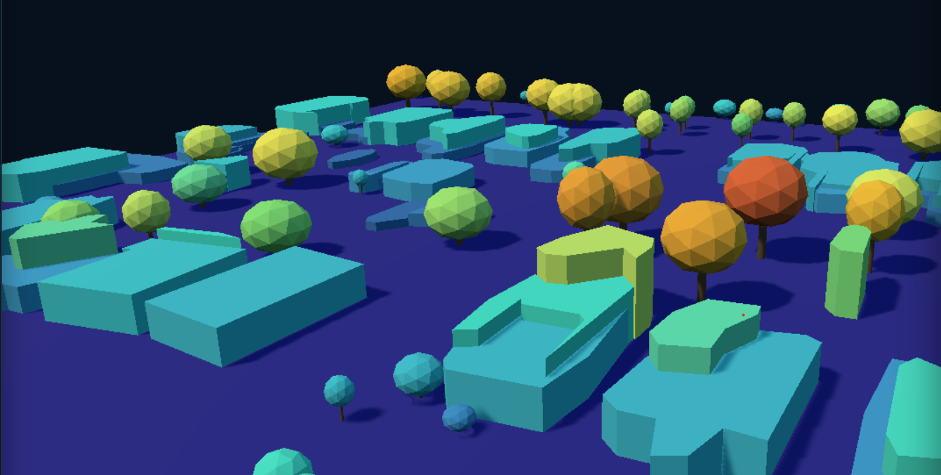 City-model height colours on extruded buildings and tree crowns